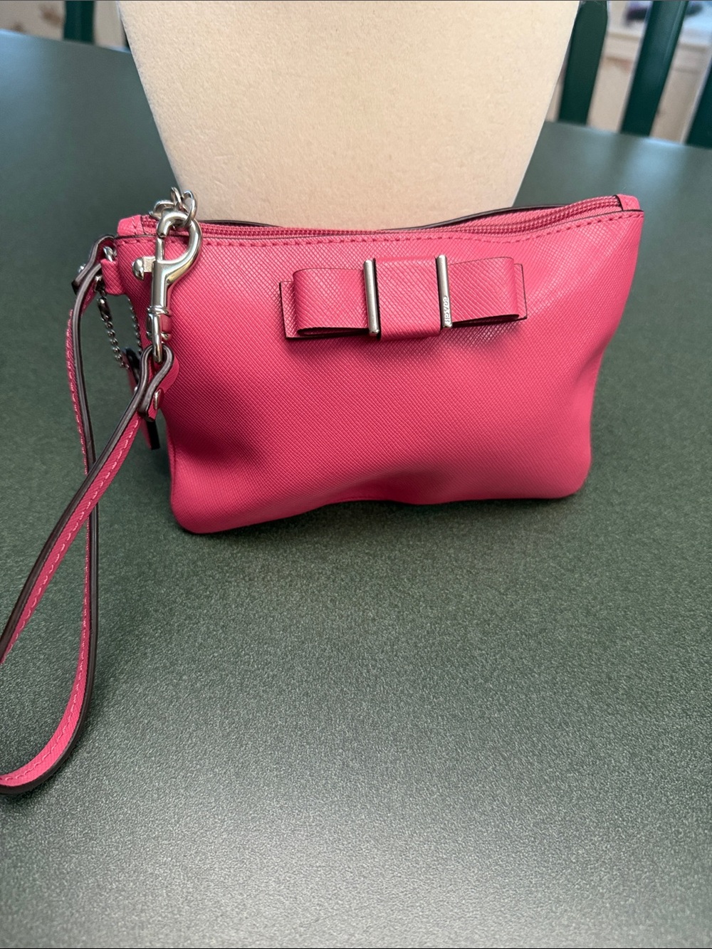 Coach Pink Saffiano Leather Wristlet with Bow Accent - Picture 2 of 7